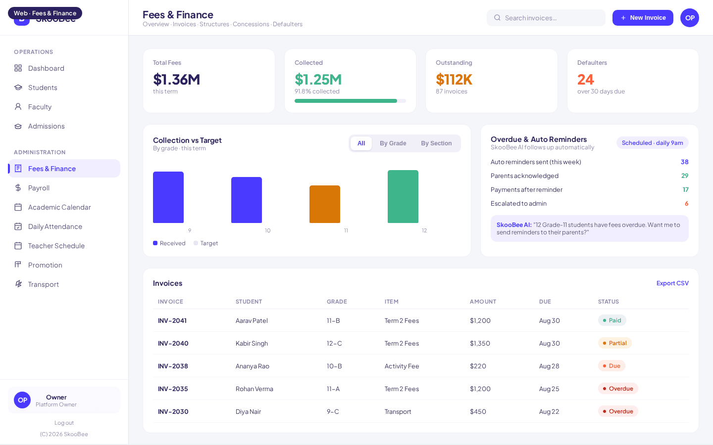 SkooBee fee collection and finance dashboard